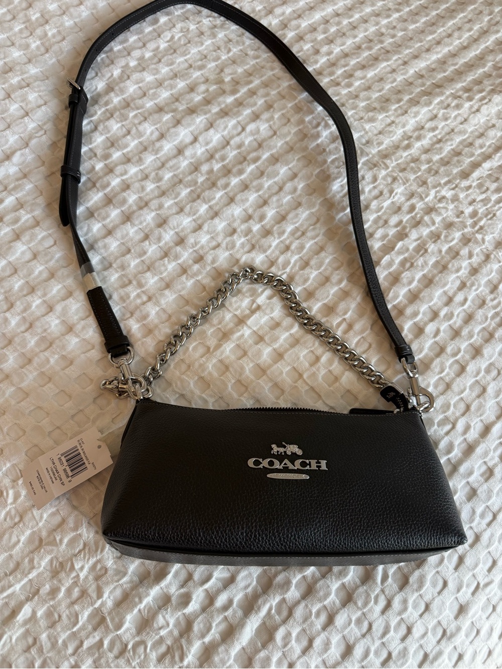 Coach Black Pebbled Leather Crossbody with Silver Chain